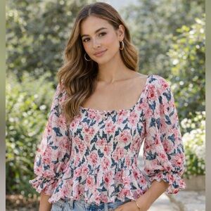 Oliphant Pink Floral Smocked Blouse